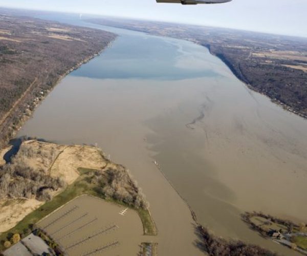 Sediment entering Cayuga Lake after a rain storm. Photo by Bill Hecht